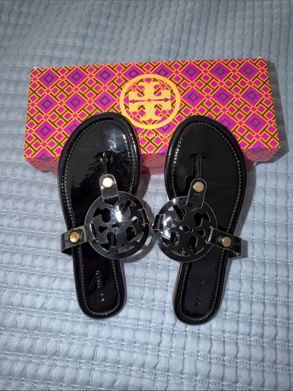 Tory Burch Black Patent Logo Thong Sandals